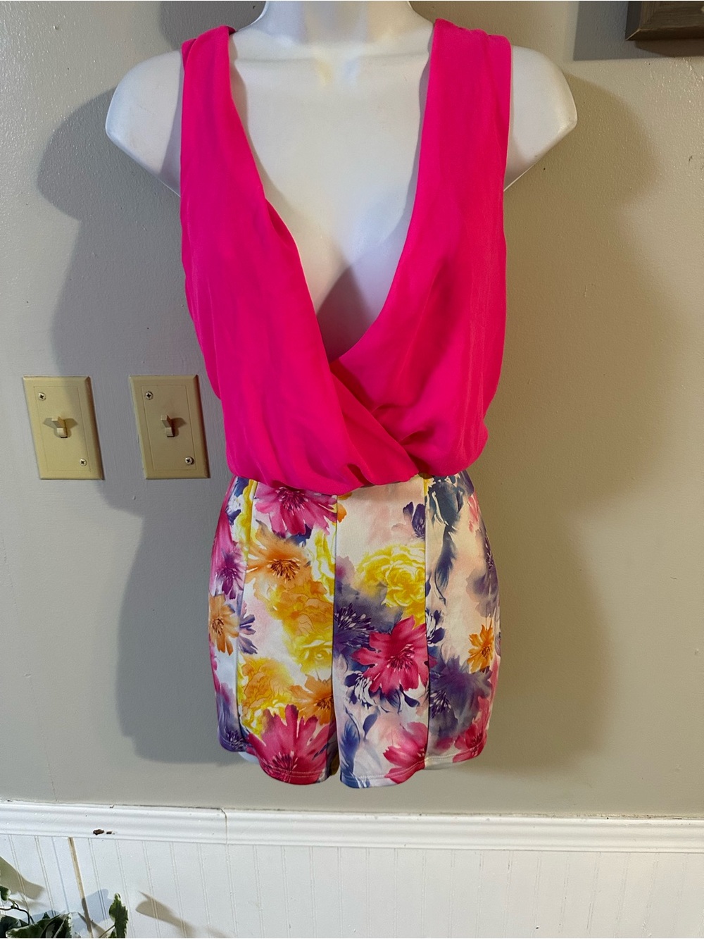 Hot Pink Floral Print Romper - Sleeveless V-Neck Jumpsuit